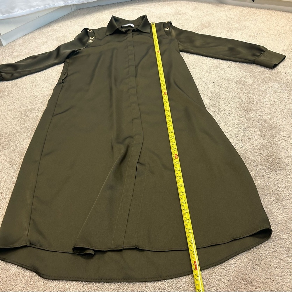 Zara Army green satin effect Grommet Eyelet Split Hem Belted Shirt Dress M NWT - Picture 12 of 14